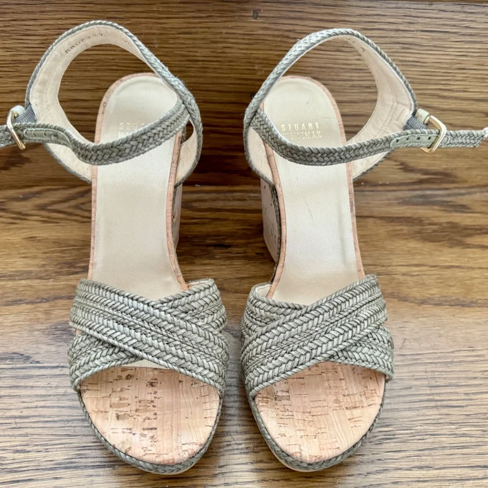 Stuart Weitzman Minx Wedges Cork Olive/Gray 8.5 - Picture 4 of 9